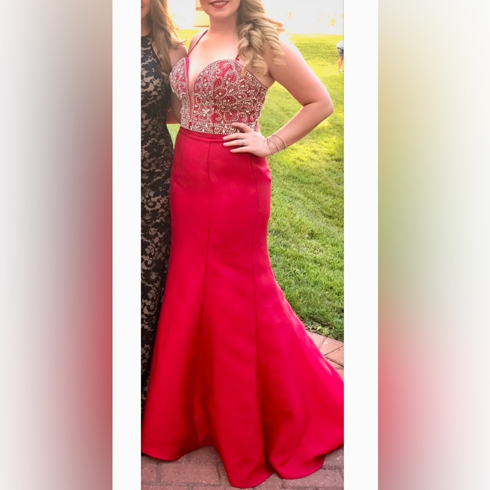 Sean Brand Size 8 Beaded Bodice Red Silk Satin Gown